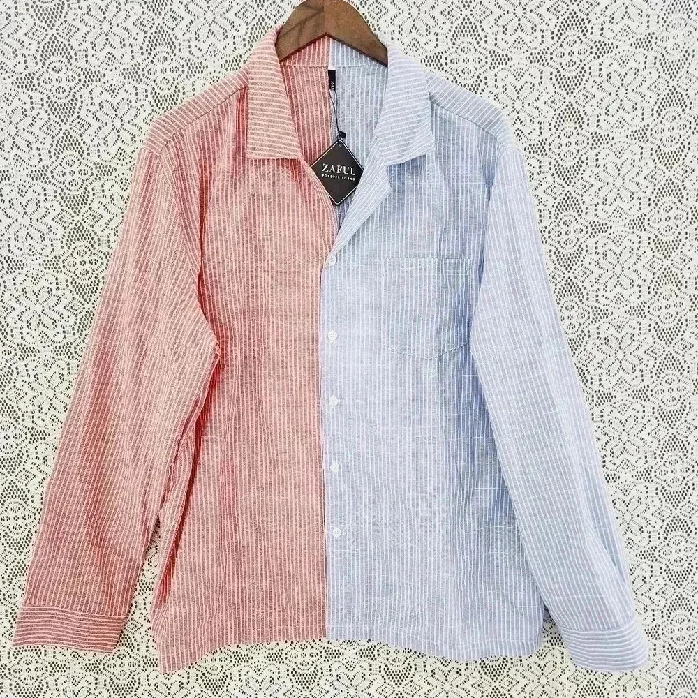 NWT Zaful Two tone striped button down men's shirt XL